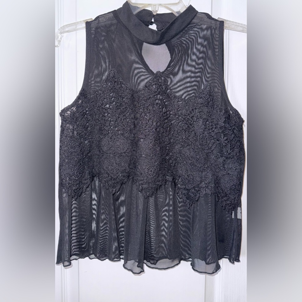 It Girl Elegant Black Lace Sheer Mesh Sleeveless Top Sz S